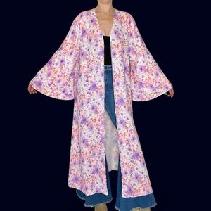 Peach Love California Floral Long Open Boho Bell Sleeve Duster Cardigan